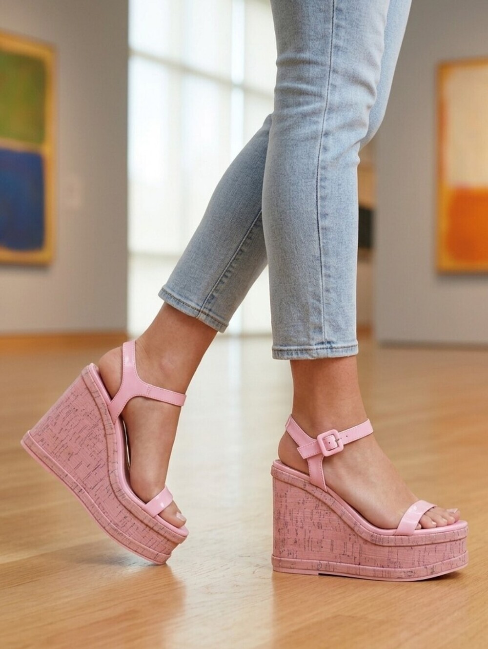 Madden Girl Watchout Lavender Pink Patent Cork Retro Platform Wedge Sandals 7.5